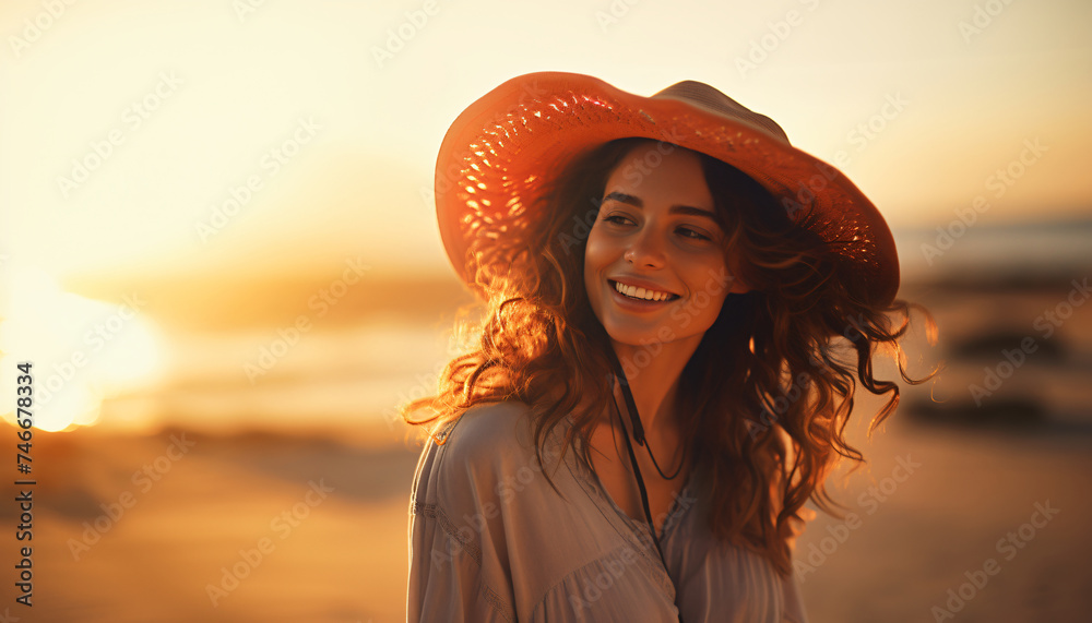 Portrait of a happy young woman on the beach at sunset. Enjoying life on vacation. Woman with a happy face. People on vacation. Relaxing on vacation. Leisure time. Tourism and travel. Holiday.
