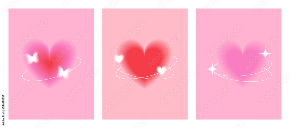 Aura gradient hearts shape with blurry effect, white lines and sparkles. Aesthetic y2k design elements for poster, love cards, romantic templates. Vector