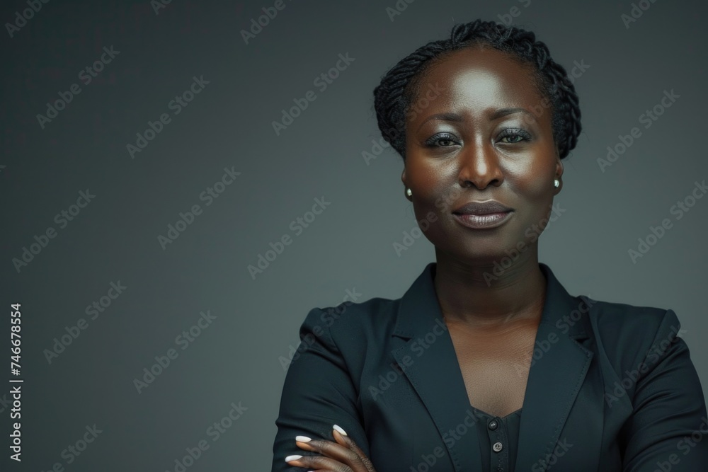 Obraz premium Professional woman in black blazer with crossed arms. Suitable for business and corporate concepts