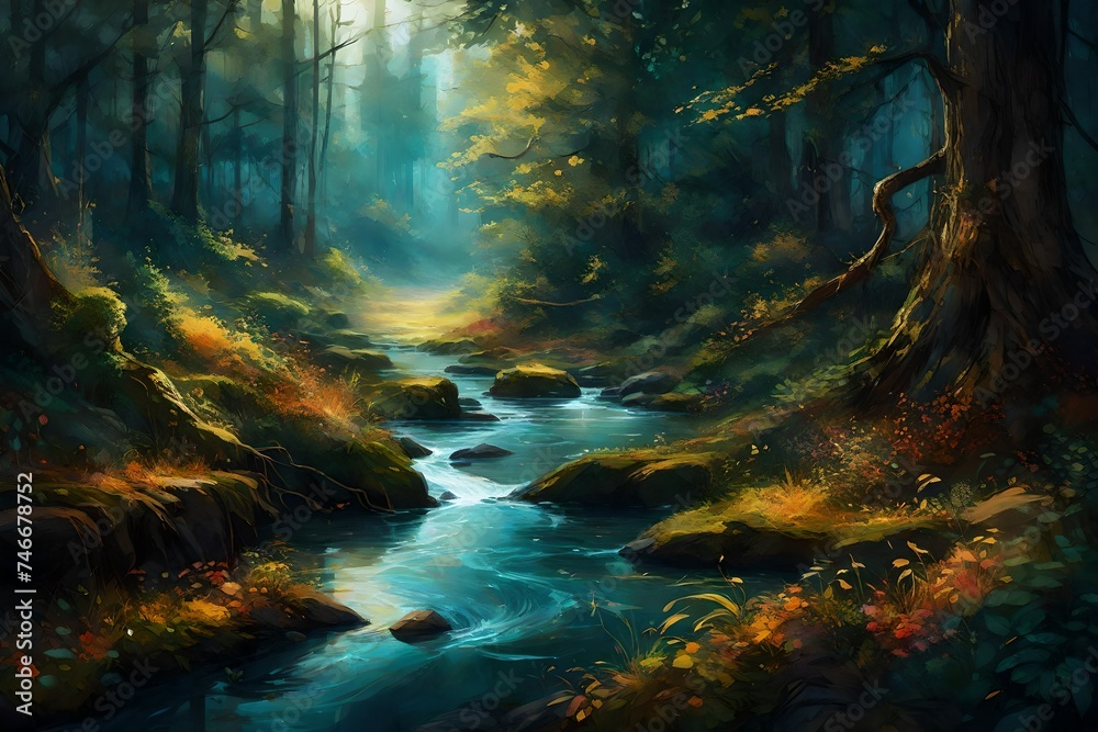 A mythical river flowing through a vibrant forest, its waters shimmering with an otherworldly radiance.