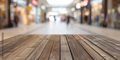 Busy mall wooden floor with walking people. Suitable for commercial use