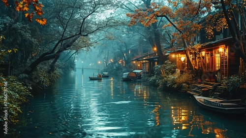 a waterway at dusk surrounded by trees and boats, in the style of dark blue and light aquamarine, time-lapse photography, impressive panoramas