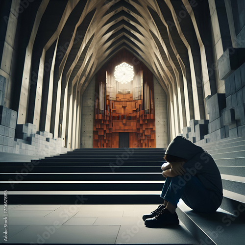 Bullying and harassment concept, Depressed boy sitting alone at stairs of a church, Victim of bullying, abuse and harassment, Stress and mental problems in childhood
