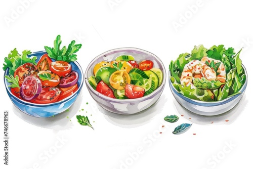 Three bowls filled with different types of food, suitable for various culinary concepts