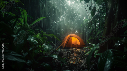 Solitary Tent in a Tropical Rainforest Rainshower at Twilight
