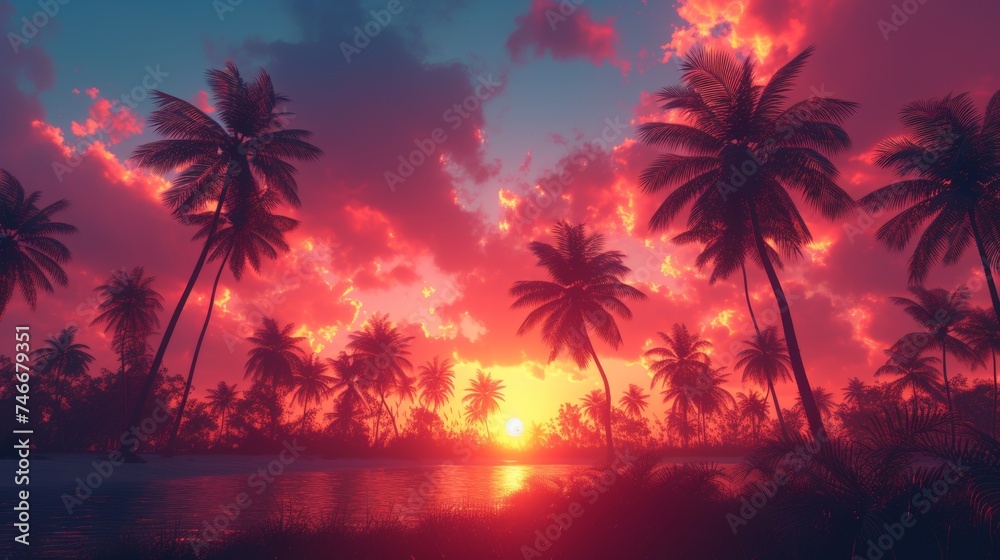 Sunset With Palm Trees and Body of Water