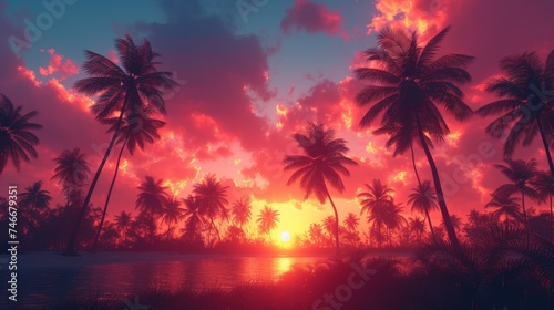 Sunset With Palm Trees and Body of Water