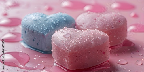 Heart-shaped soaps placed on a pink and blue surface with water droplets. Concept Heart-shaped soaps, Pink and Blue, Water Droplets, Bath Products, Color Contrast