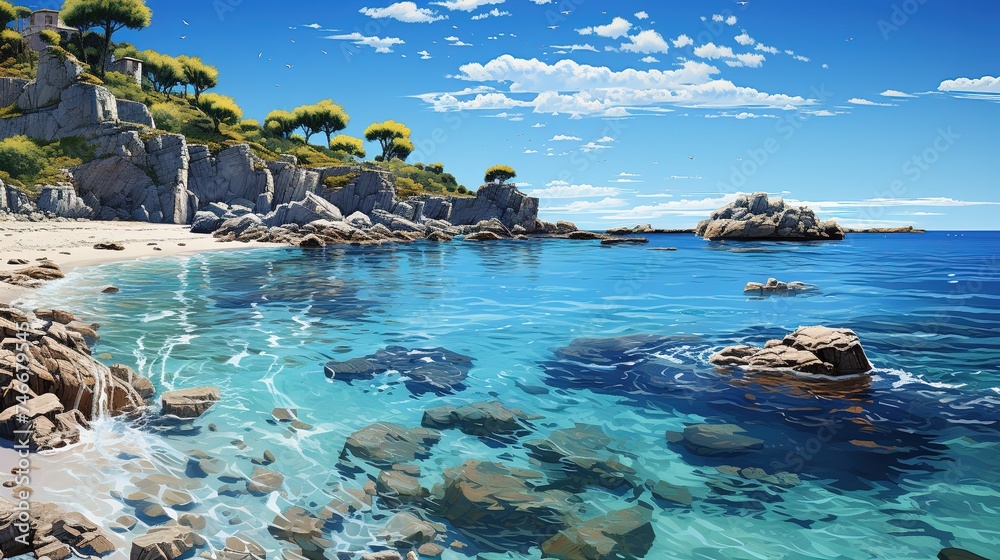 a white sandy beach with clear water in the distance, landscapes, spectacular backdrops, coastal views, dark blue and teal, 32k uhd, crystalline and geological forms - obrazy, fototapety, plakaty 