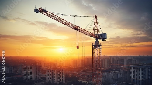 Crane and building construction site at sunset