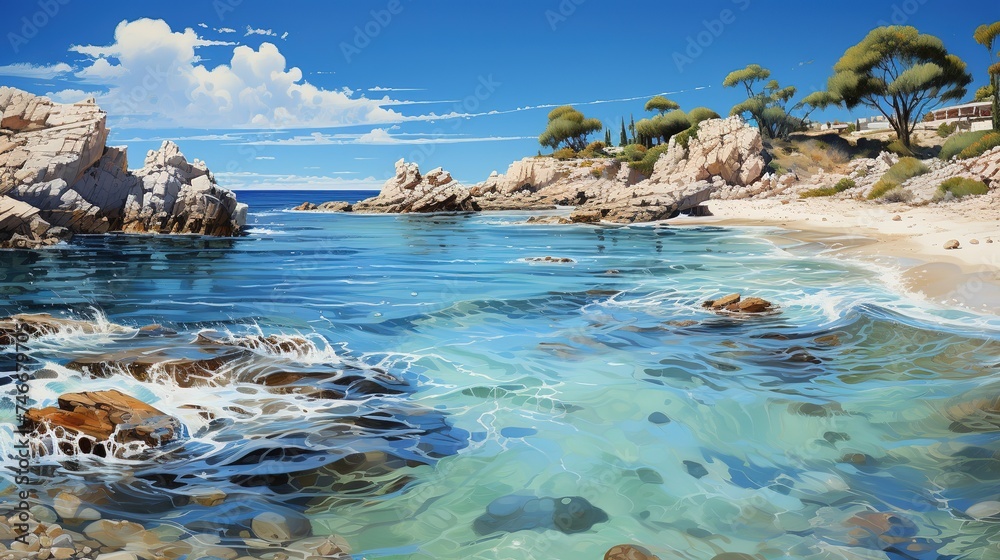 a white sandy beach with clear water in the distance, landscapes, spectacular backdrops, coastal views, dark blue and teal, 32k uhd, crystalline and geological forms
