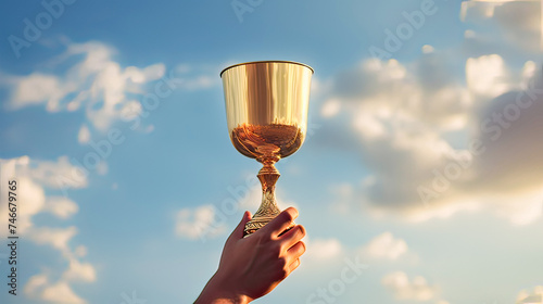 A man holds a cup in his hand against the background of clouds and blue sky