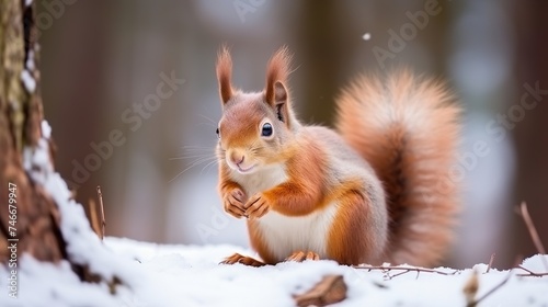 Cute red squirrel eats a nut in winter scene with nice blurred forest in the background © Elchin Abilov