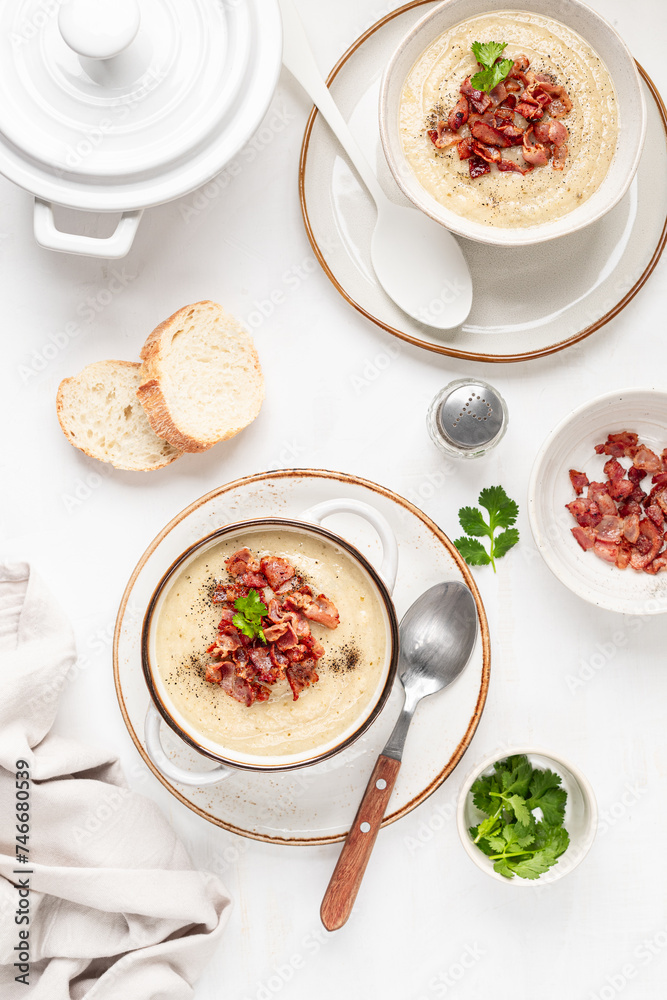 White cream soup with bacon White cream soup with bacon