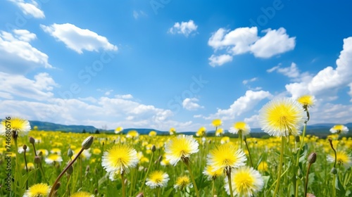 Dandelion flower field over blue sky © Elchin Abilov