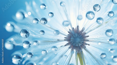 Dandelion flower in droplets of water dew on a blue colored background with a mirror reflection of a macro. beauty of nature bright abstract artistic image
