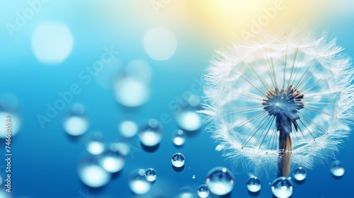 Dandelion flower in droplets of water dew on a blue colored background with a mirror reflection of a macro. beauty of nature bright abstract artistic image