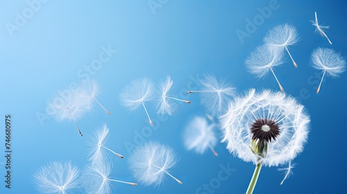 Dandelion seeds against a blue background that show it s dainty features
