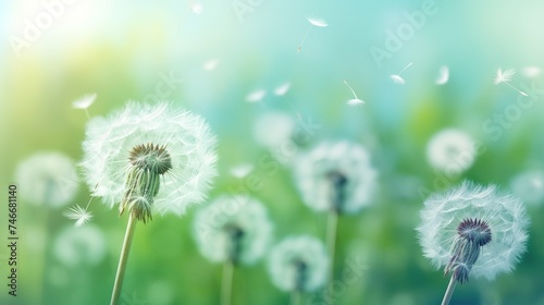 Dandelion seeds fly in the wind close up macro with soft focus on green and turquoise background. Summer spring airy light dreamy background