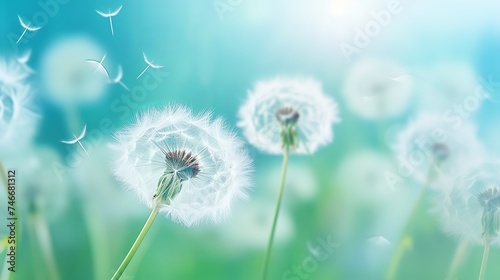 Dandelion seeds fly in the wind close up macro with soft focus on green and turquoise background. Summer spring airy light dreamy background