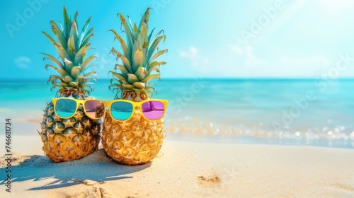 funny pineapples in children's cheerful sunglasses on the sand against the turquoise sea.