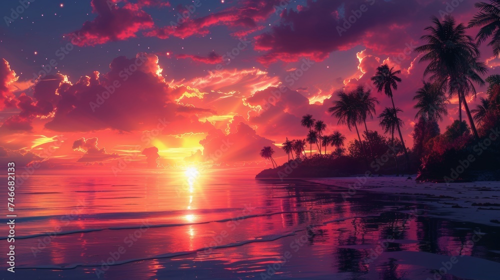 A Stunning Sunset Over the Ocean With Palm Trees