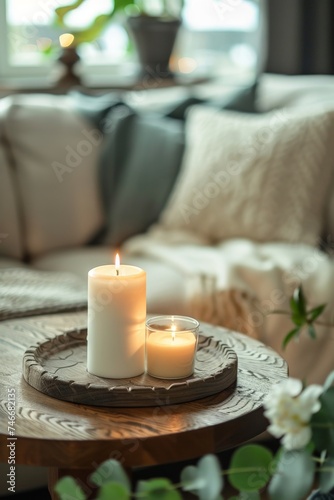 Two White Candles on Tray, Coffee Table