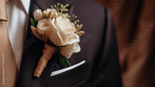 Boutonnieres on Suits of men. Summer boutonniere on suit. Wedding concept.
