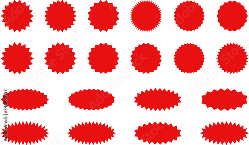 Starburst red sticker set - collection of special offer sale oval and round shaped sunburst labels and badges. Promo stickers with star edges. Promo advertising Vector. photo