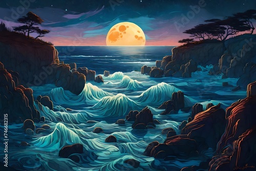 A moonlit coastline with bioluminescent waves crashing against the rocks, painting the scene in surreal colors. photo