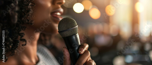 With a microphone in hand and a joyous smile, a singer shares her vibrant energy on stage.