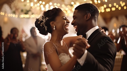 Wedding dance. Beautiful African American couple dancing. Happy newlyweds. Wedding Celebration