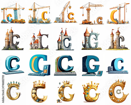 Group of various colourful C letters with pictures of words starting with the B letter isolated on white background. Generative ai illustration. Preschool education theme.