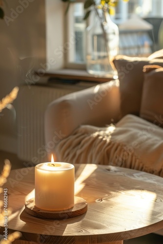 Lit Candle on Living Room Table