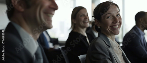 Colleagues sharing a moment of joy, captured in a congenial business meeting.