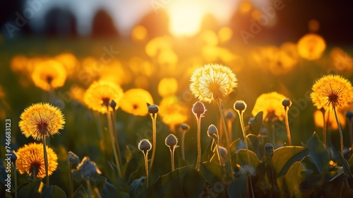 Floral summer spring background. Yellow dandelion flowers close-up in a field on nature on a dark blue green background in evening at sunset. Colorful artistic image, free copy space