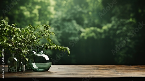 a wooden table in a green area, in the style of minimalist images, uhd image photo