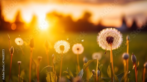 Fluffy dandelions glow in the rays of sunlight at sunset in nature on a meadow. Beautiful dandelion flowers in spring in a field close-up in the golden rays of the sun