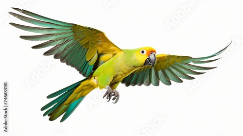Flying festival Amazon parrot on the white background photo