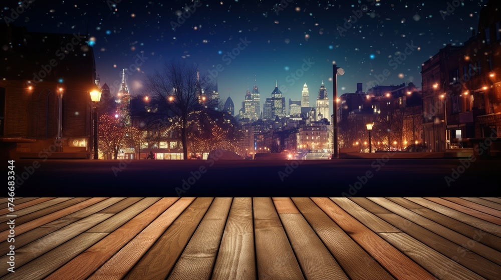a wooden table on a city street in front of colorful lights, in the style of photo-realistic landscapes, light navy and light brown, light beige and light amber, xmaspunk, lively tableaus, sparklecore