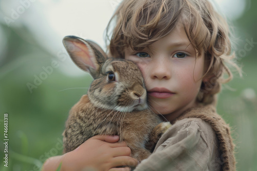 Young Boy Holding a Rabbit in the Field