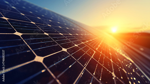 A close-up of a solar panel bathed in the warm hues of a sunset, highlighting the potential of solar energy as a clean and renewable energy source. photo