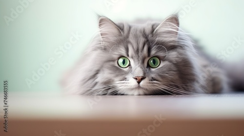 Funny large longhair gray kitten with beautiful big green eyes lying on white table. Lovely fluffy cat licking lips. Free space for text © Elchin Abilov