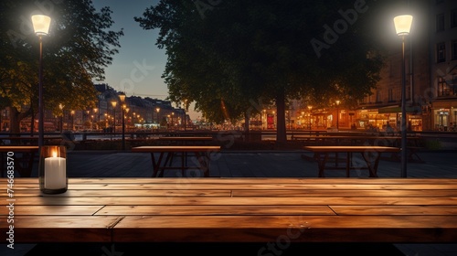 a wooden table with illumination lights around it outside an outdoor restaurant at night, in the style of impressionist cityscapes, photo montage, flat backgrounds, present, light-filled, wood