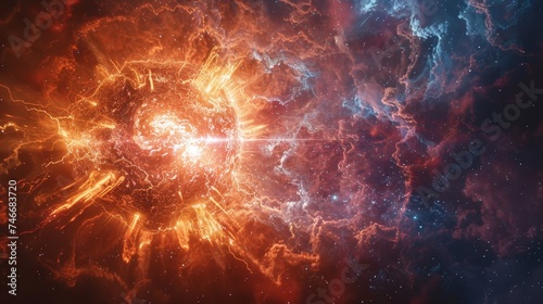 A vibrant digital representation of a supernova explosion  with intense colors and dynamic energy illustrating a cosmic event.