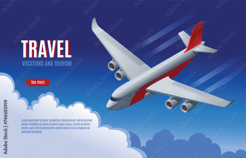 Travel and tourism. Buy or book tickets online. Tourist and business flights around the world. Isometric vector illustration on isolated background
