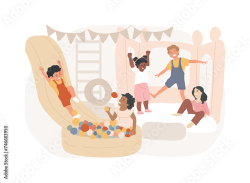 Playroom for kids isolated concept vector illustration. Playing space for kids, indoor playgrounds, all in one children activity, toys and furniture, neutral home playroom decor vector concept. photo