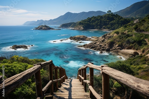 a wooden walkway leads towards the ocean on an island, in the style of punk, mountainous vistas, webcam photography, vibrant, lively, hikecore, solarizing master, skillful photo