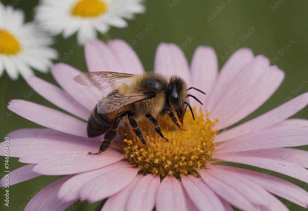 Wasp on a flower. Macro photo. Wasp close-up. Chamomile. White petals texture. Yellow pistil and stamens. Drawing on the body of a wasp. The wasp pollinates the flower. Background - chamomile.
