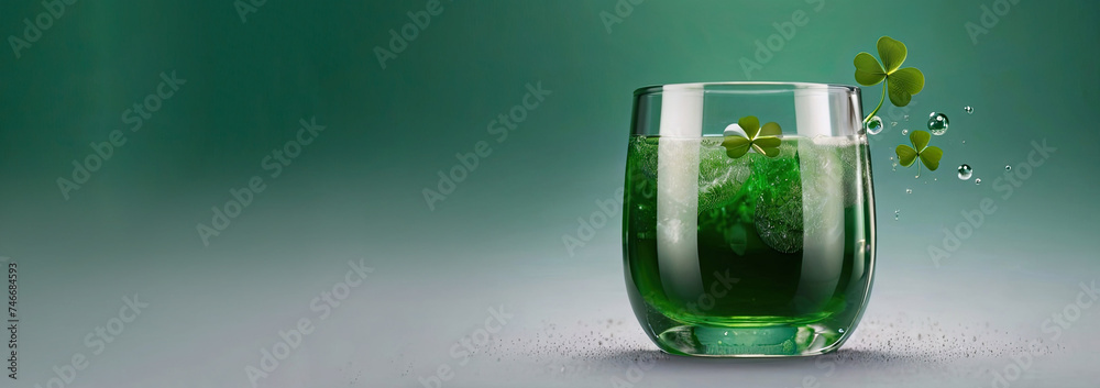 Drink in a clear glass glass with clover leaves on a plain green background Drink in a clear glass glass with clover leaves on a plain green background